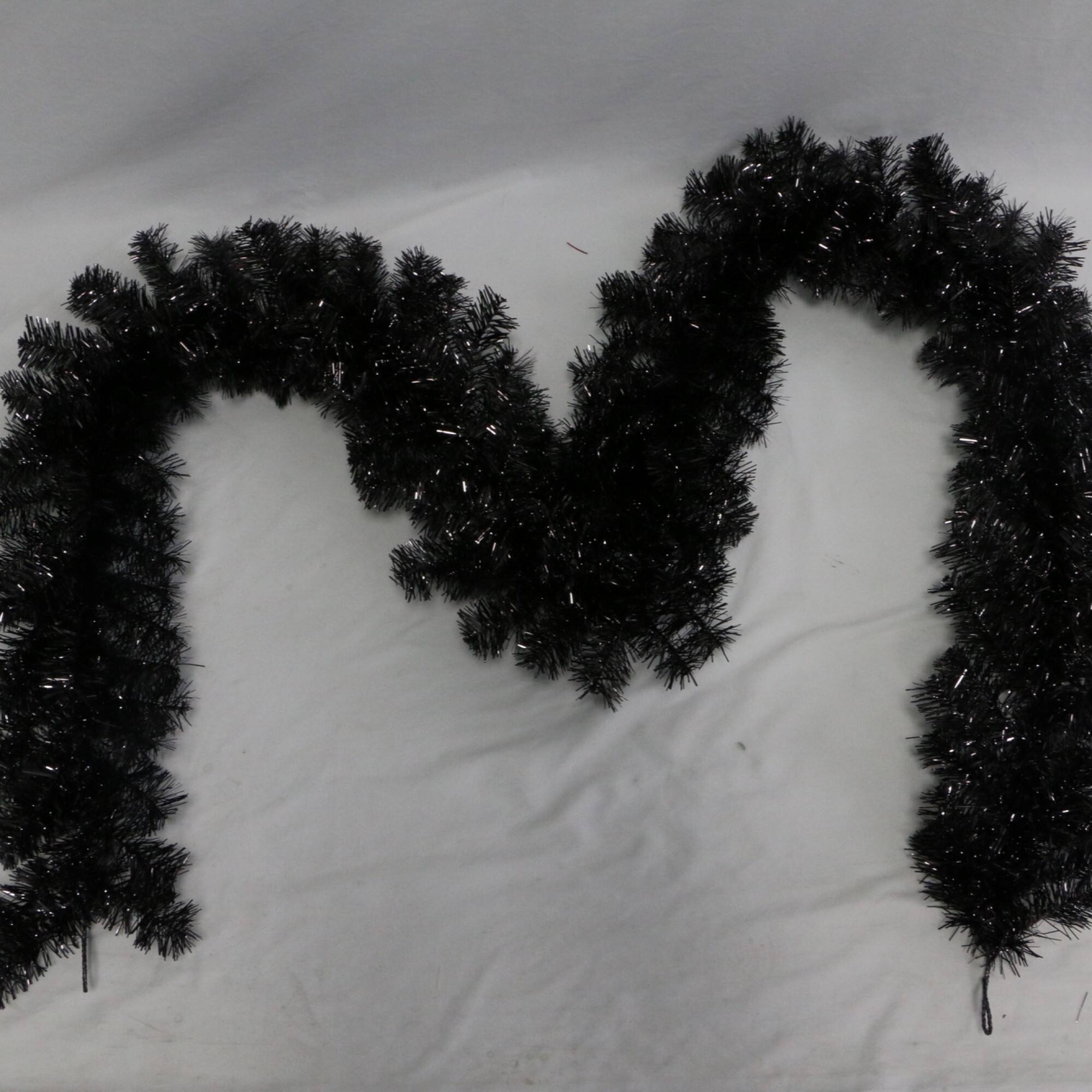9ft. Pre-Lit Black Tinsel Garland, Clear Lights